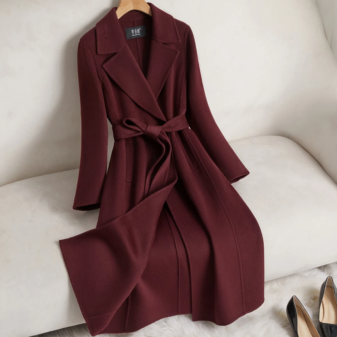 紫红色高端双面羊绒大衣女中长款正肩时尚气质羊毛呢外套2025新款