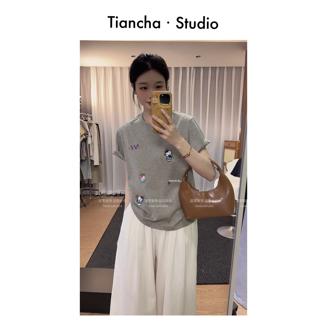 sweetc【Kitty猫】M290#夏季韩版风正肩短袖T恤女毛巾绣休闲百搭