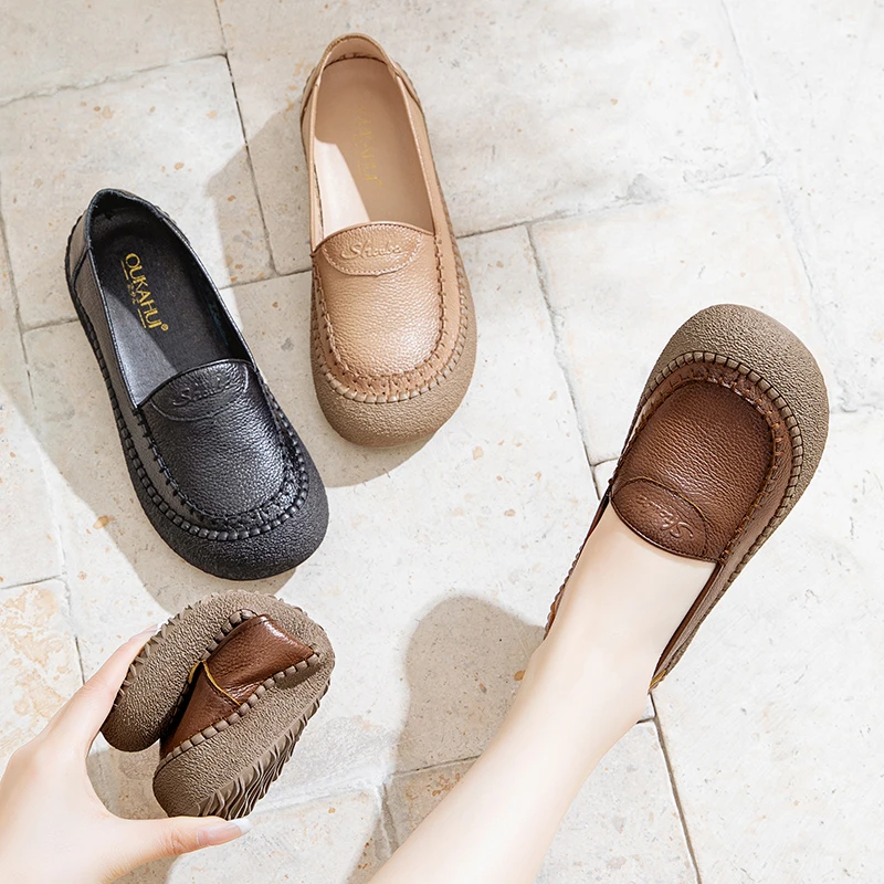 新款春秋妈妈鞋平底单鞋女软底女鞋中老年皮鞋真皮防滑女鞋25007