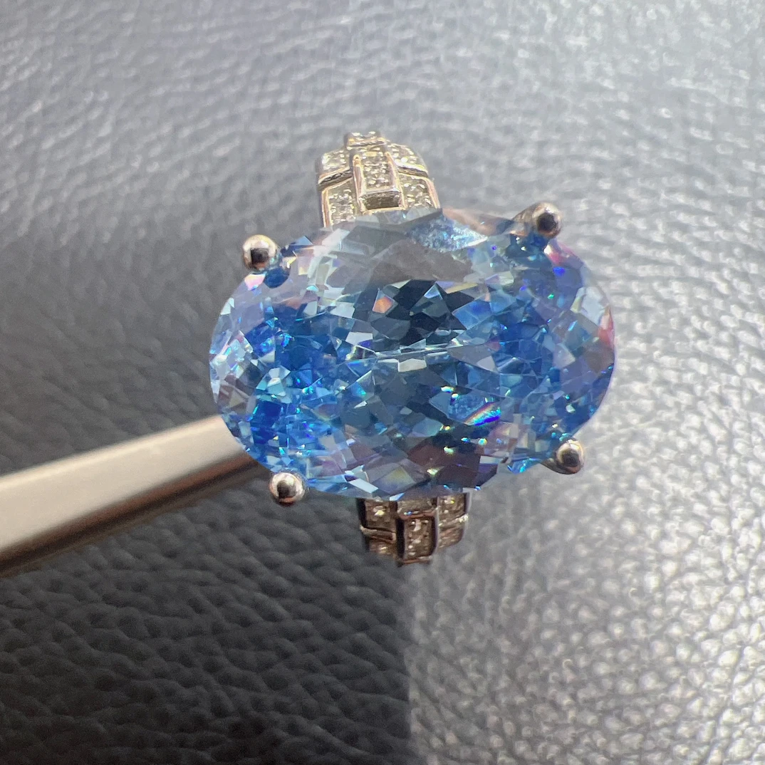 海蓝宝石鸽子蛋级别 大颗粒精致重工鸟巢切 开口戒指