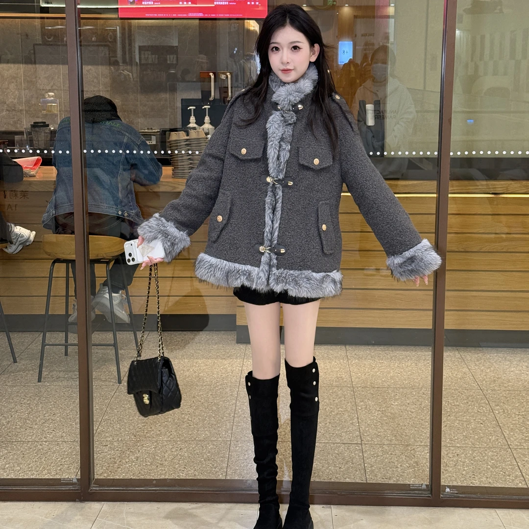 蔡小姐2025夹棉加厚冬季新款外套复古高级感毛领毛呢大衣百搭