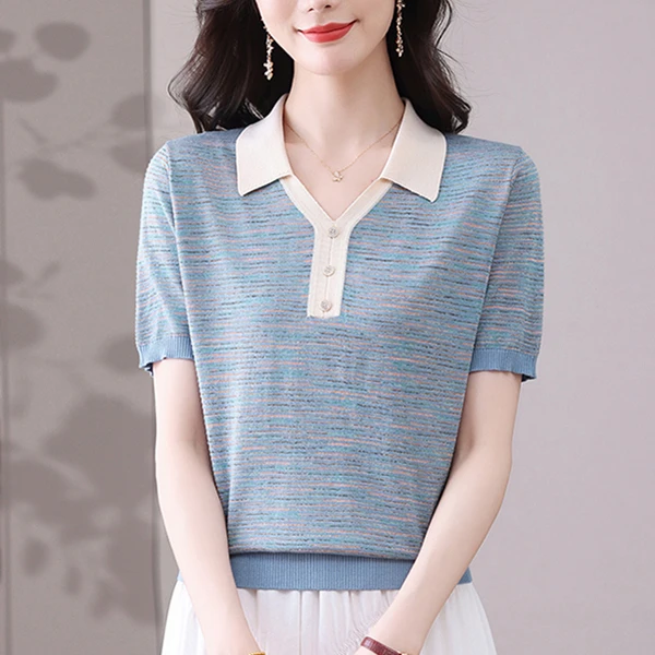 洋气薄款POLO领上衣短袖2025年夏季新款百搭女套头针织衫品质女装