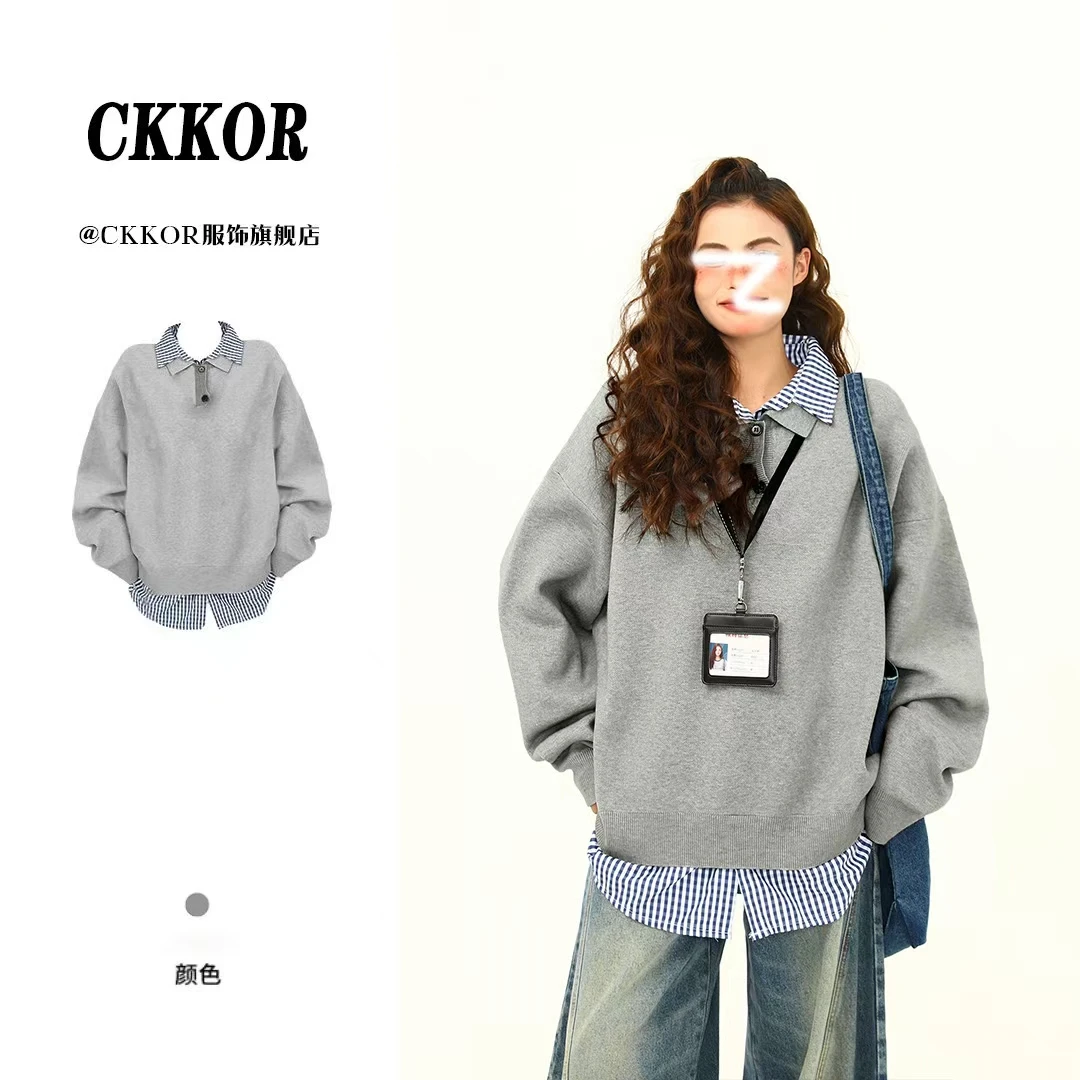 CKKOR韩系毛衣时尚学院风开春假两件格纹拼接长袖翻领纽扣女上衣