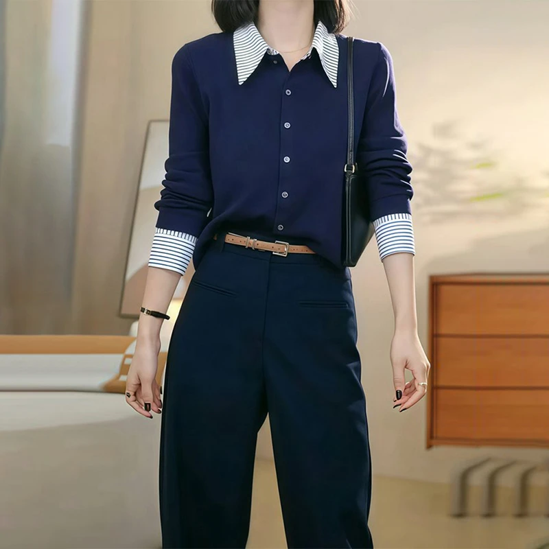 假两件拼接翻领针织开衫女2024新款秋季打底时尚减龄显瘦长袖上衣