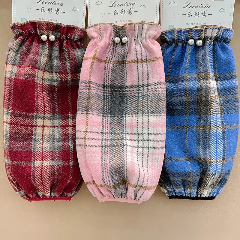 新款格纹袖套棉服护袖女款冬季韩版时尚洋气防脏袖头长款防污套袖