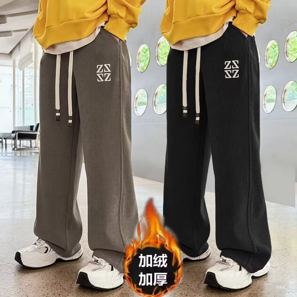 男童阔腿裤一体绒裤子中大童加绒休闲裤灯芯绒宽松直筒裤秋冬长裤