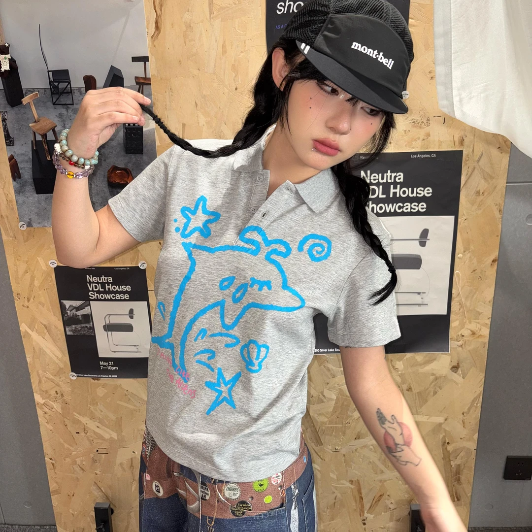 local aliens外星沙龙美式复古夏日海豚印花polo衫短袖正肩半袖女