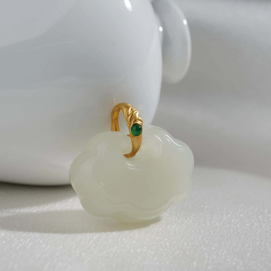 【鹿鸣】18k金和田玉白玉如意吊坠 不含链 LM09