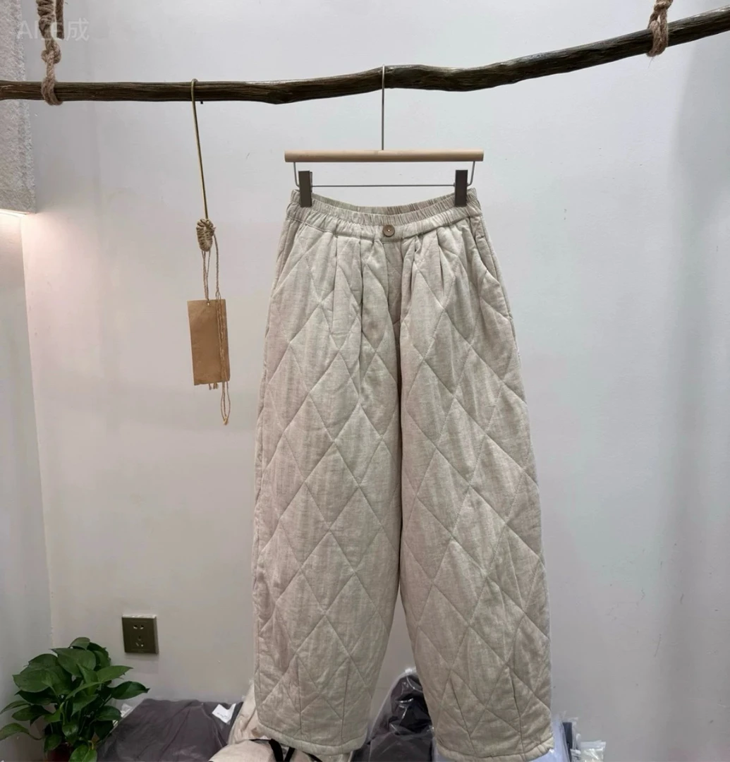 新款日系亚麻菱格加厚阔腿女裤百搭休闲显瘦
