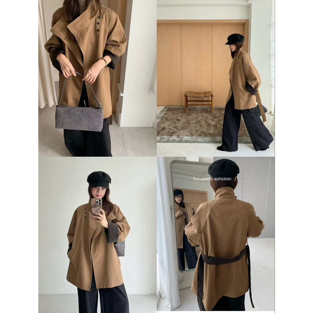 艾薇-英伦风撞色立领显瘦风衣中长款(配腰带)86933