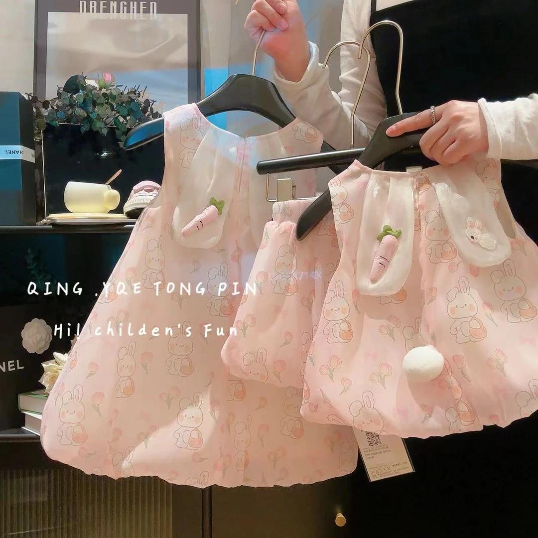 女童2025夏季新款儿童装小女宝百搭可爱兔子卡通花苞连衣裙套装潮