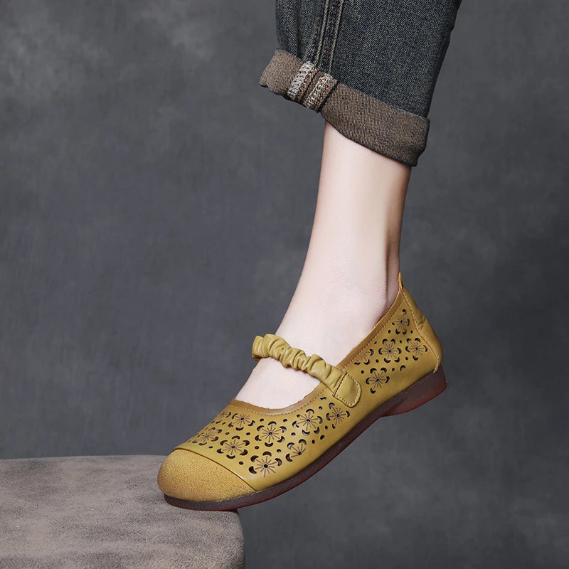 头层牛皮复古平底镂空凉鞋女2025夏季新款休闲舒适软底妈妈鞋