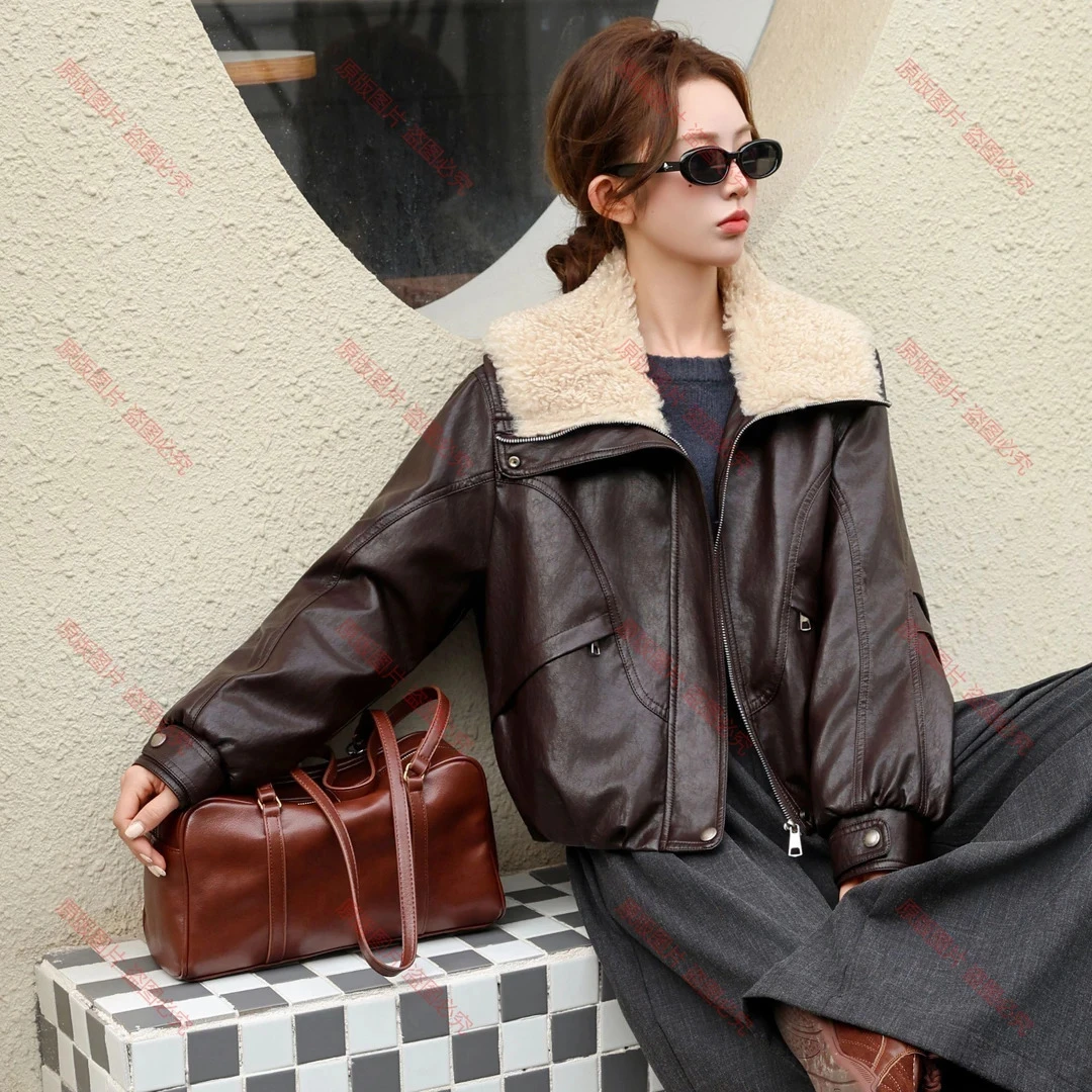 "毛绒翻领”加绒加厚保暖皮衣冬季短款外套2025秋冬新款上衣8910
