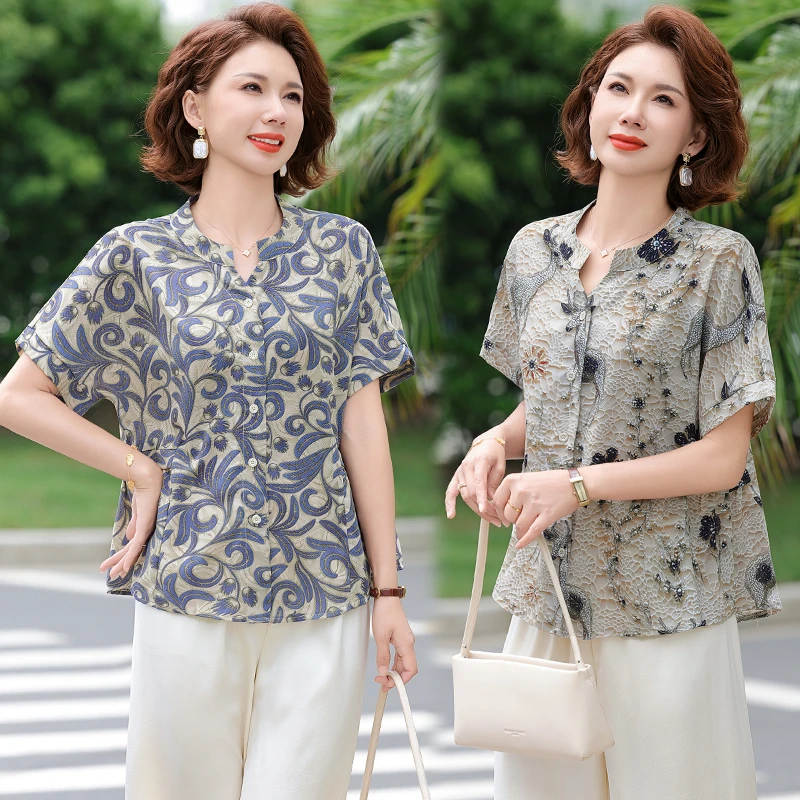 夏装显瘦洋气时尚中老年妈妈装女装短袖高档t恤40-50岁大码小衫