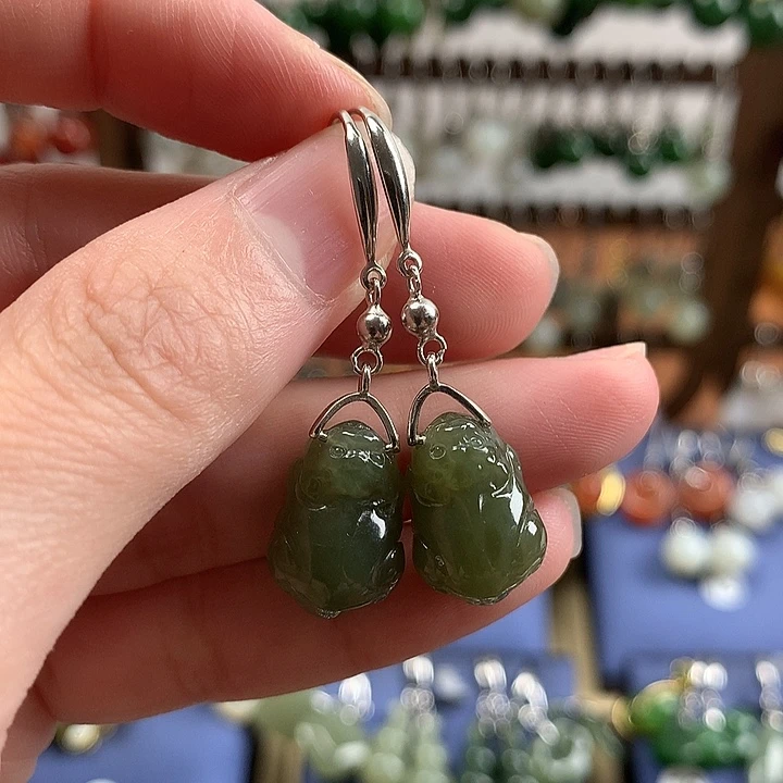 和田玉银S925镶嵌耳饰貔貅耳环