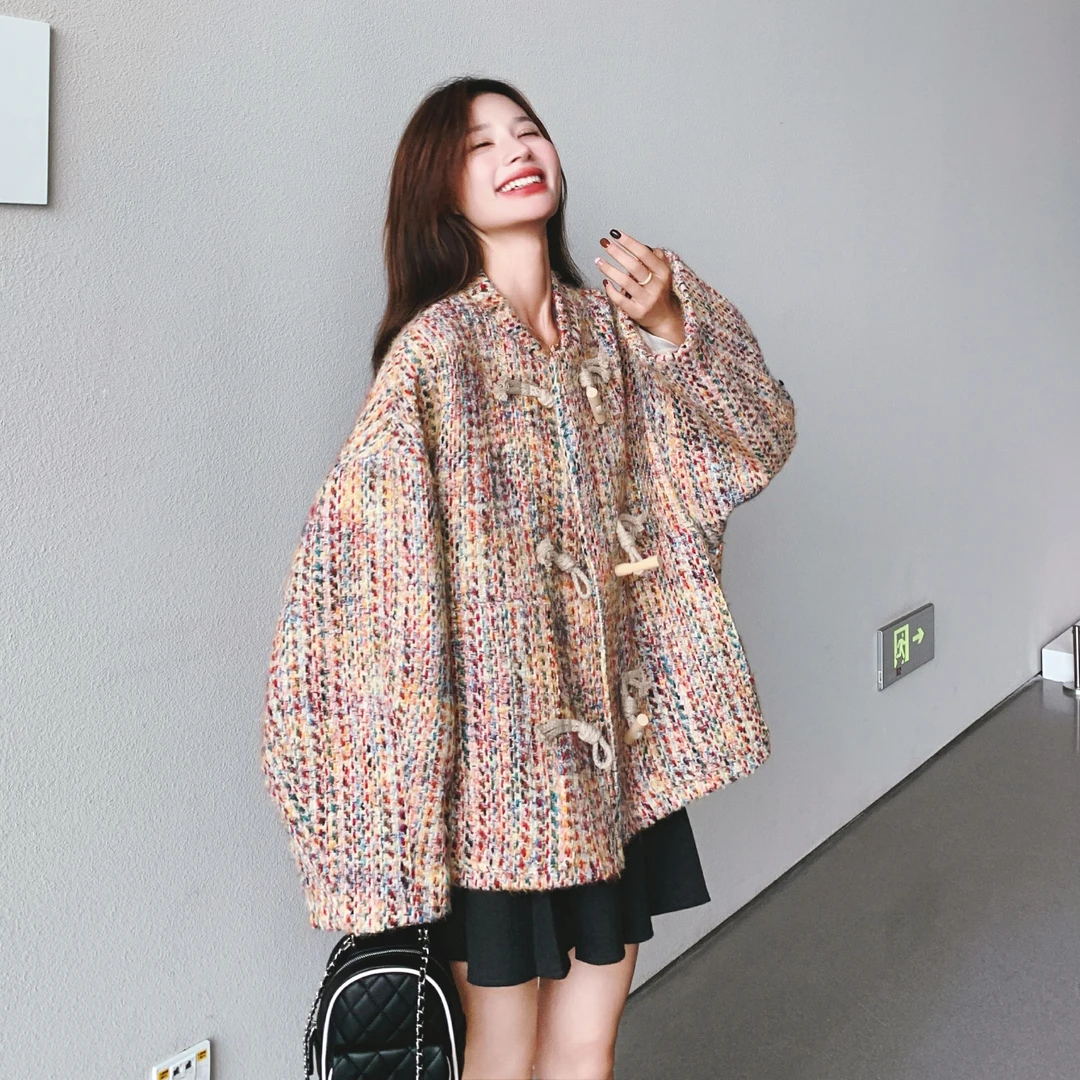 时髦多巴胺通勤风小香大衣女2025秋冬新款气质彩色编织粗花呢外套