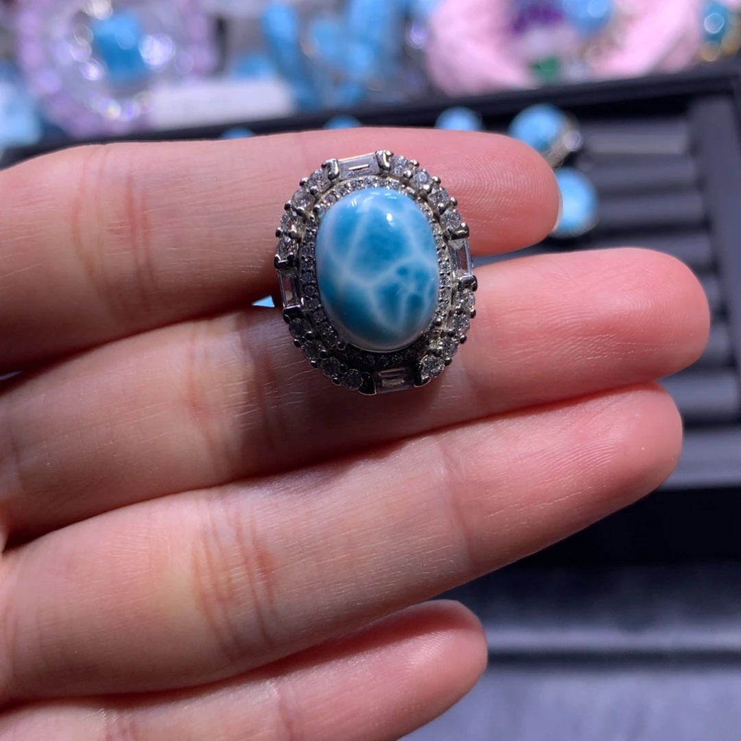 针钠钙石（海纹石）银S925镶嵌戒指蛋面戒指色差略异