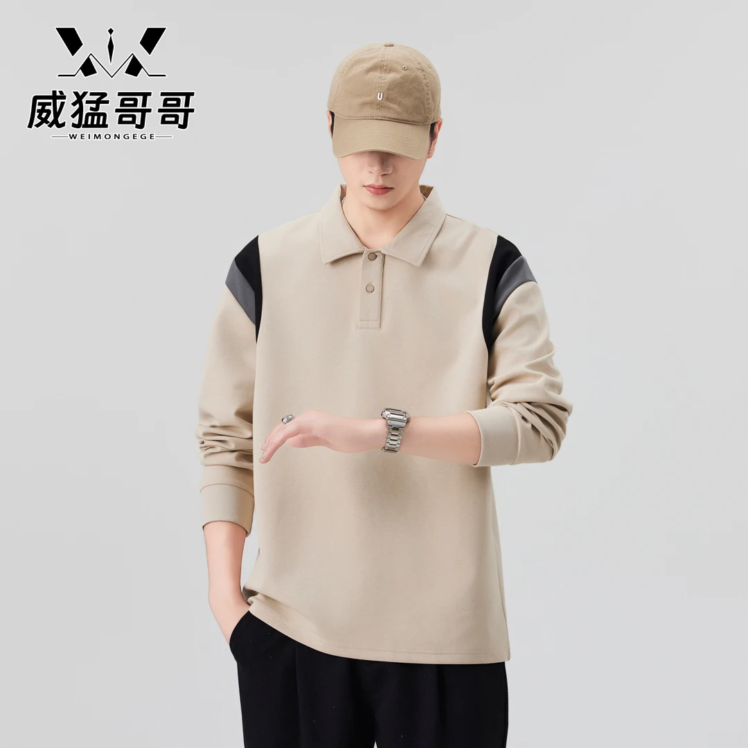 2025秋季时尚百搭潮流宽松男士休闲免烫拼色拼接翻领Polo长袖卫衣
