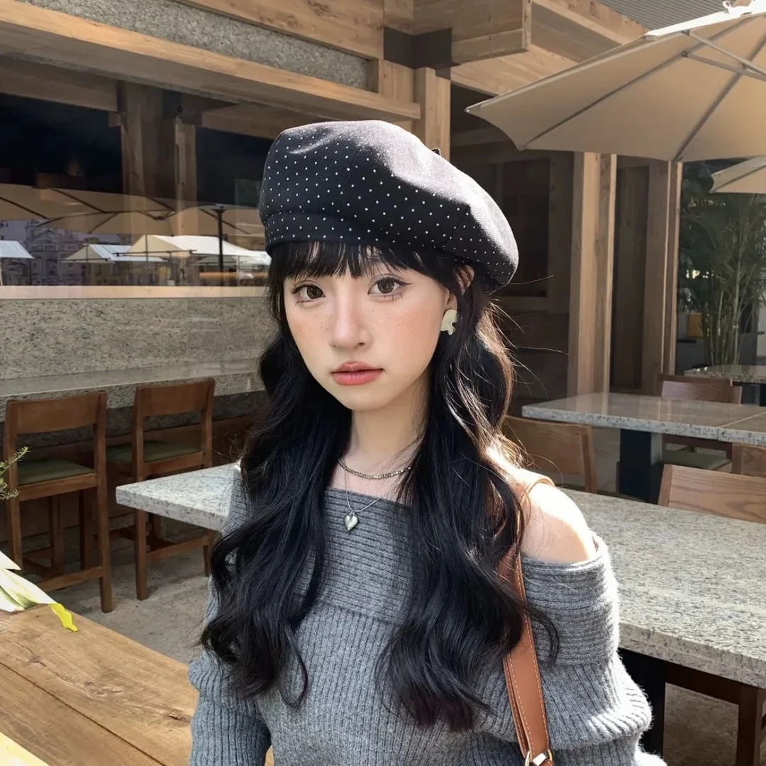 新款秋冬季复古波点蓓蕾帽子女士时尚百搭显脸小贝雷帽画家帽T15