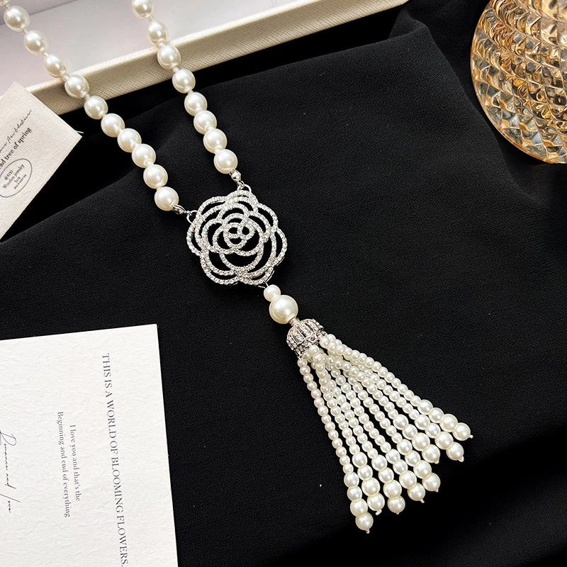 合金仿珍珠项链 新中式满钻玫瑰流苏项链秋冬长款时尚百搭毛衣链