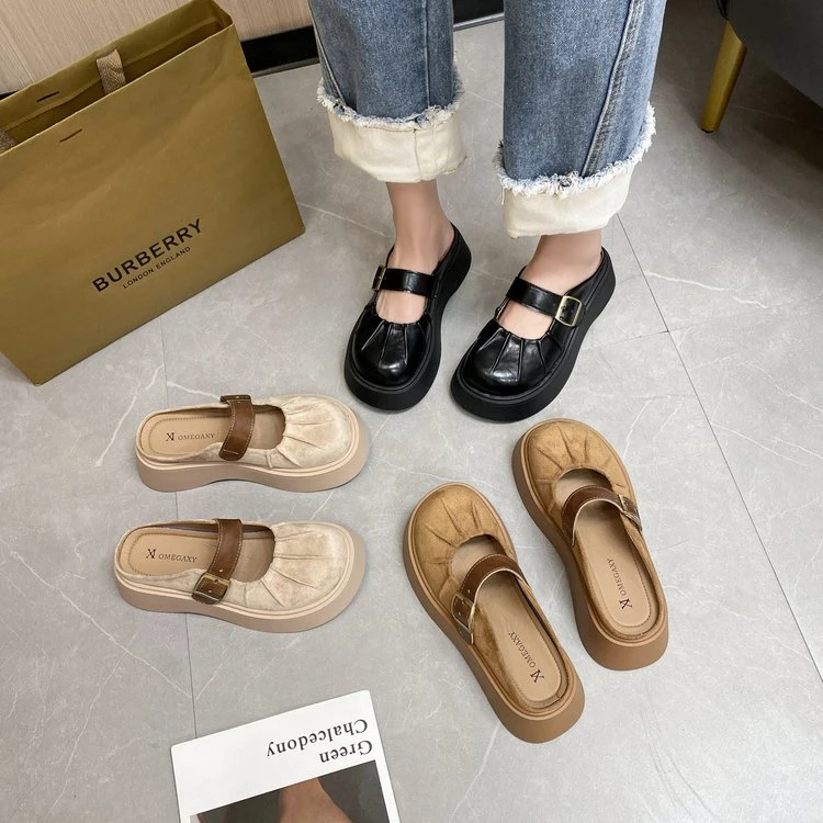 春夏新款跟底鞋底今年夏季包头PU帮面百搭厚底半拖时尚英伦风