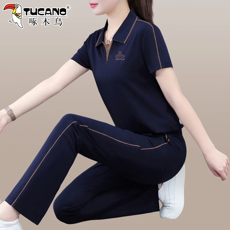 啄木鸟女士冰丝薄款运动套装女夏季新款洋气中年妈妈休闲两件套