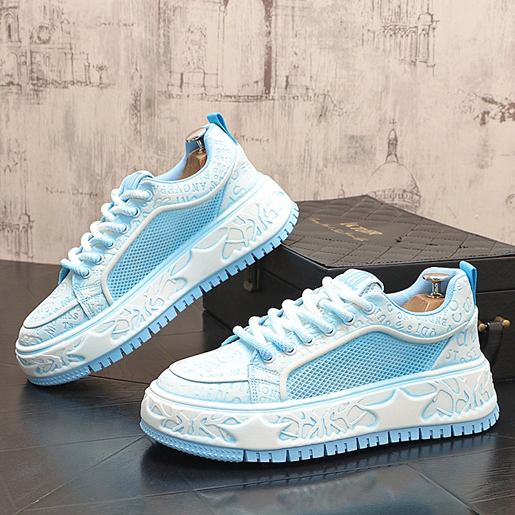 夏季新款休闲板鞋男士复古擦色厚底增高网面透气休闲潮流印花潮鞋