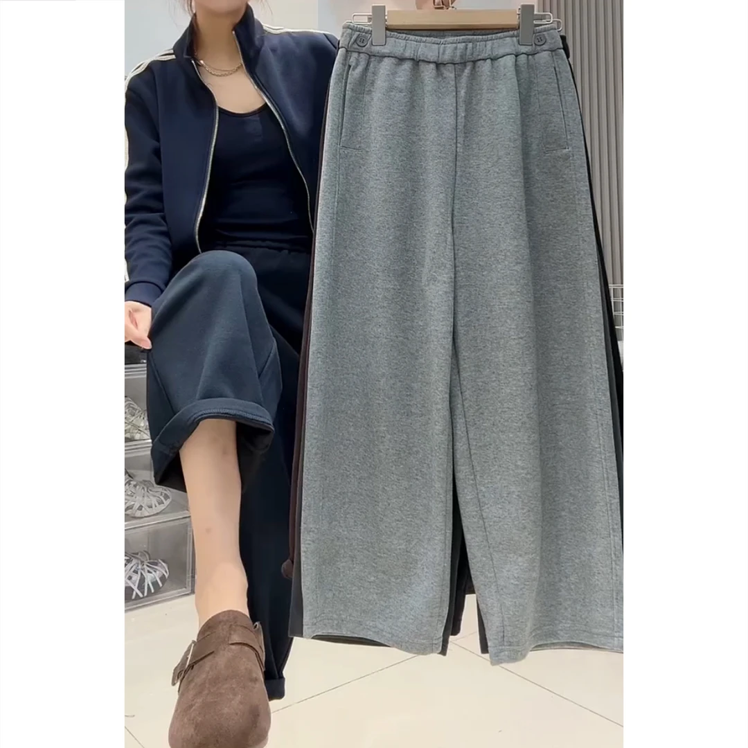 艾塔莉早秋新款女百搭休闲裤宽松时尚气质阔腿裤纯色松紧腰九分裤