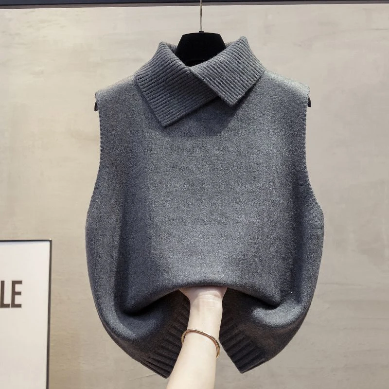 品牌专柜针织衫马甲背心新款女装时尚无袖翻领宽松坎肩秋冬季毛衣