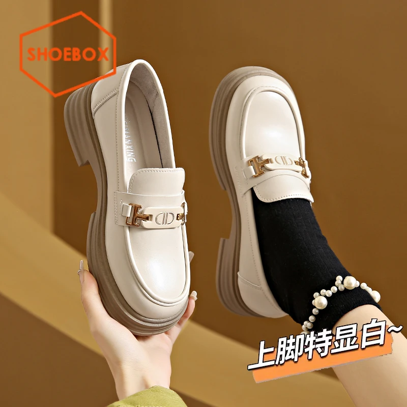 SHOEBOX鞋柜厚底防滑乐福鞋女2025新款黑色英伦风一脚蹬小皮鞋女