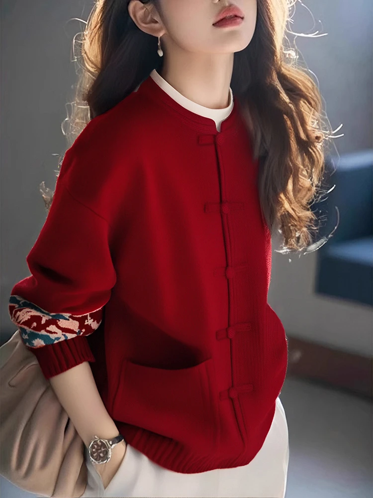 冬季高级感超好看慵懒风独特别致新中式国风红色针织衫毛衣外套女