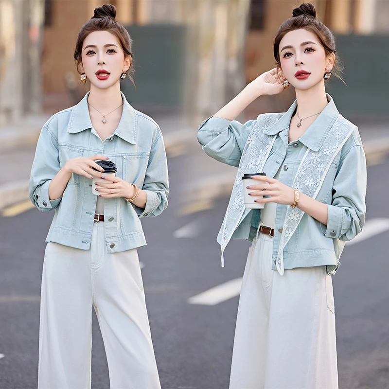 外套长袖牛仔洋气时尚休闲春秋季2025新款蕾丝韩版小个子短款上衣