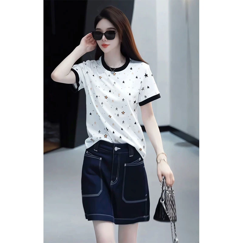 韩版时尚减龄气质套装女夏季撞色短袖T恤百搭短裙子网红款两件套
