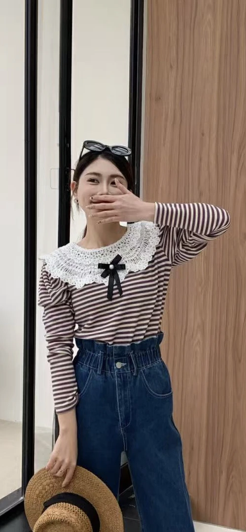 HANAN#1725春秋福利重工艺娃娃领条纹上衣，衣长：60cm