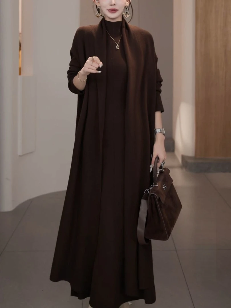 【两件套】赫本风毛衣小高领无袖内搭长裙配宽松版型时尚开衫外套