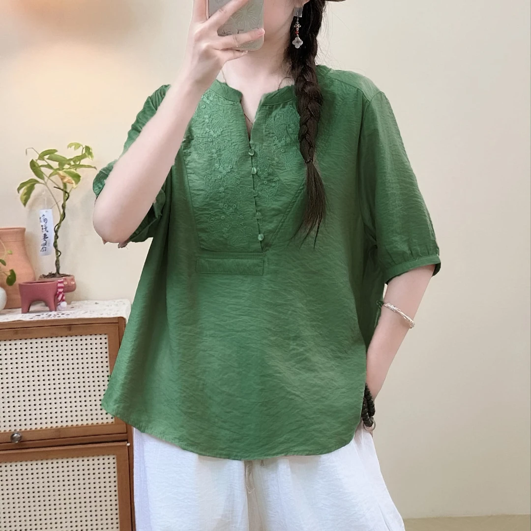 11076新款夏季复古刺绣碎花减龄气质小衫QZ