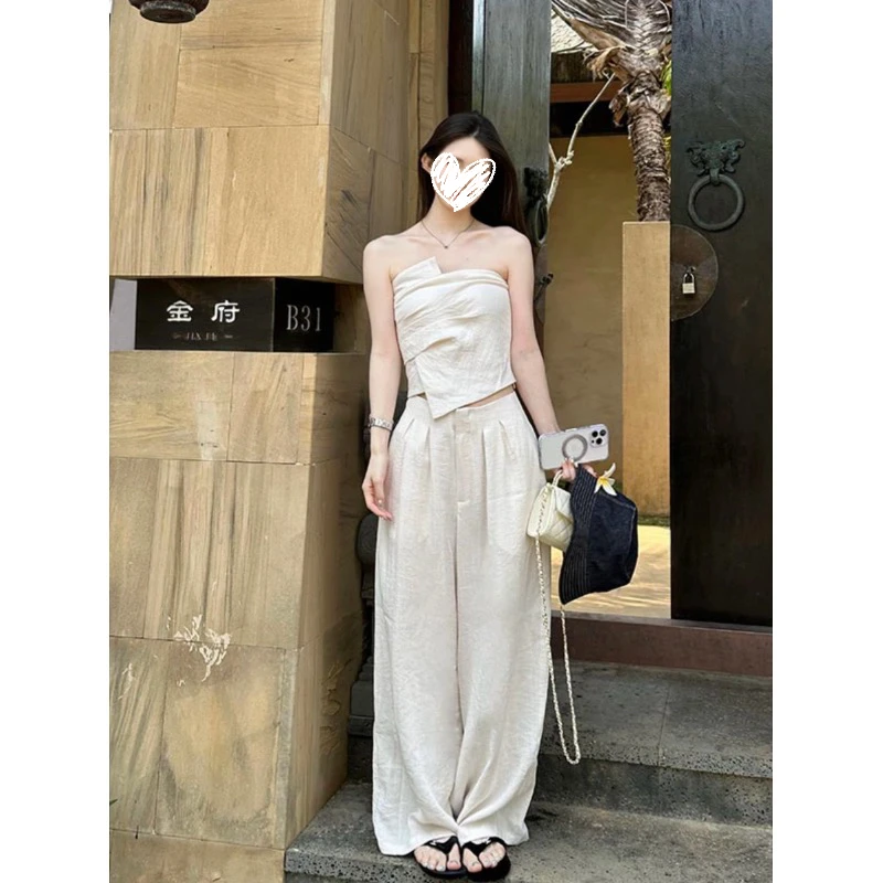 老钱审美显瘦剪裁抹胸+西装裤春夏两件套