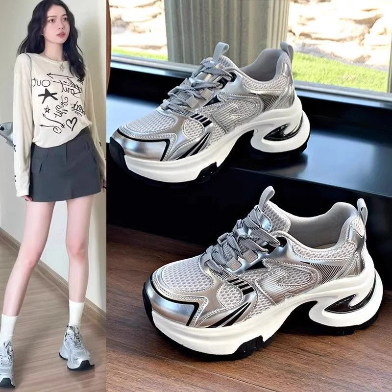 赵露思同款厚底增高银色老爹鞋女2025新款高颜值百搭学生休闲女鞋