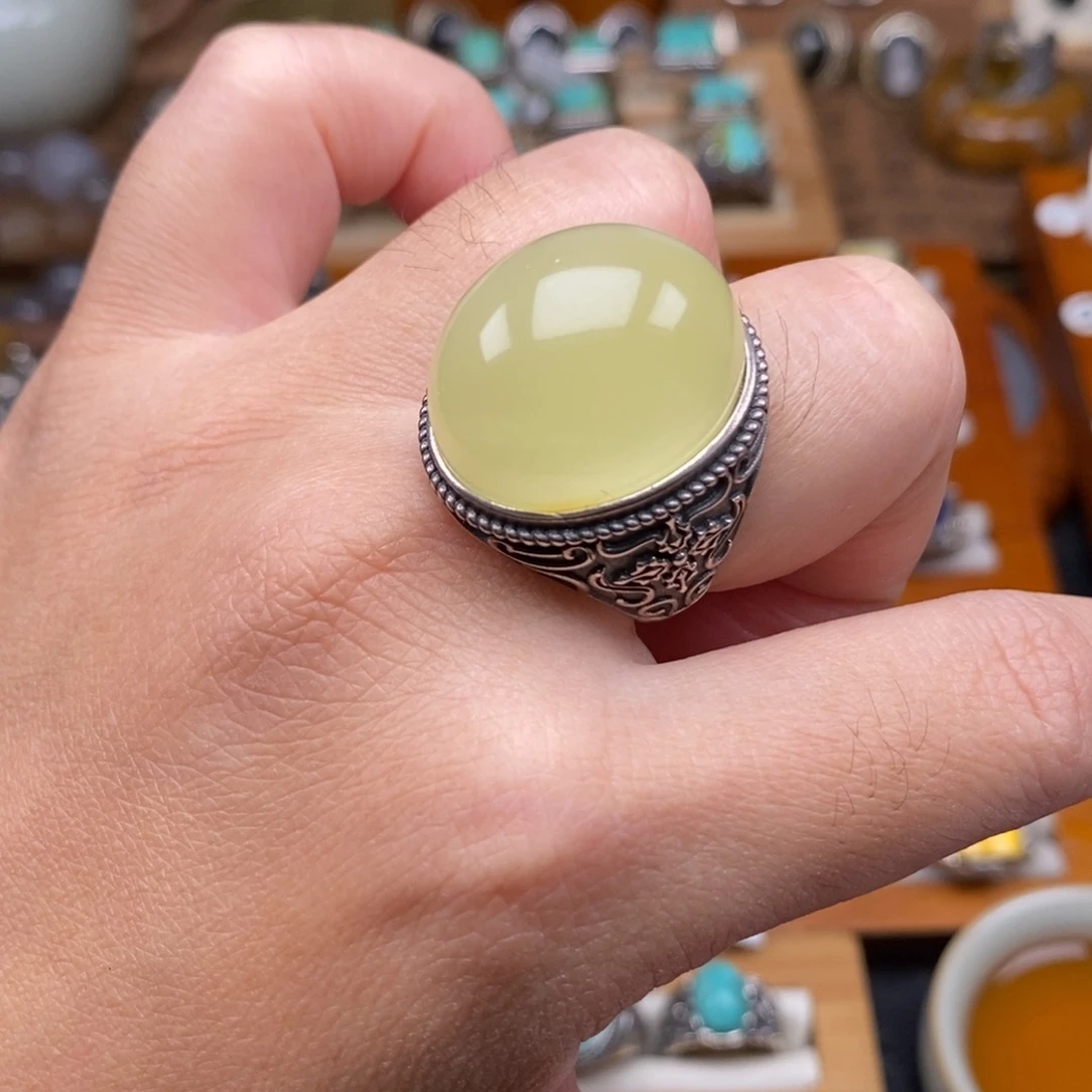 琥珀银S925镶嵌戒指琥珀