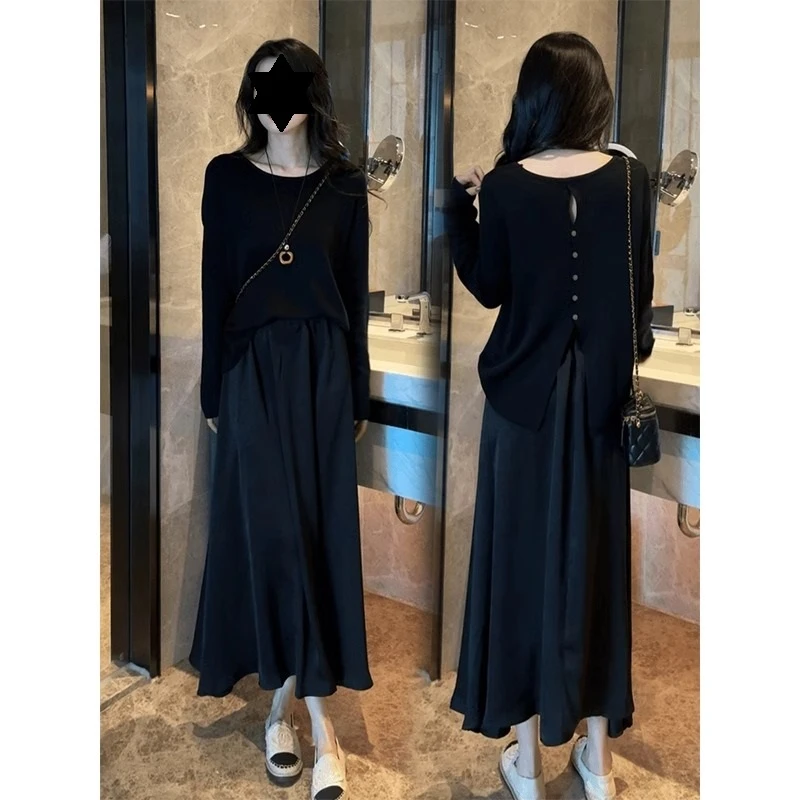 时尚休闲套装裙女春季新款后开叉针织上衣女垂感显瘦高腰半身裙子