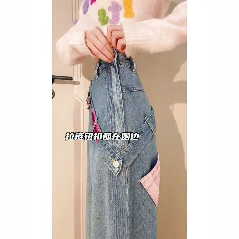 设计感侧拉链阔腿个性牛仔裤女秋季2025新款美式宽松垂感直筒长裤