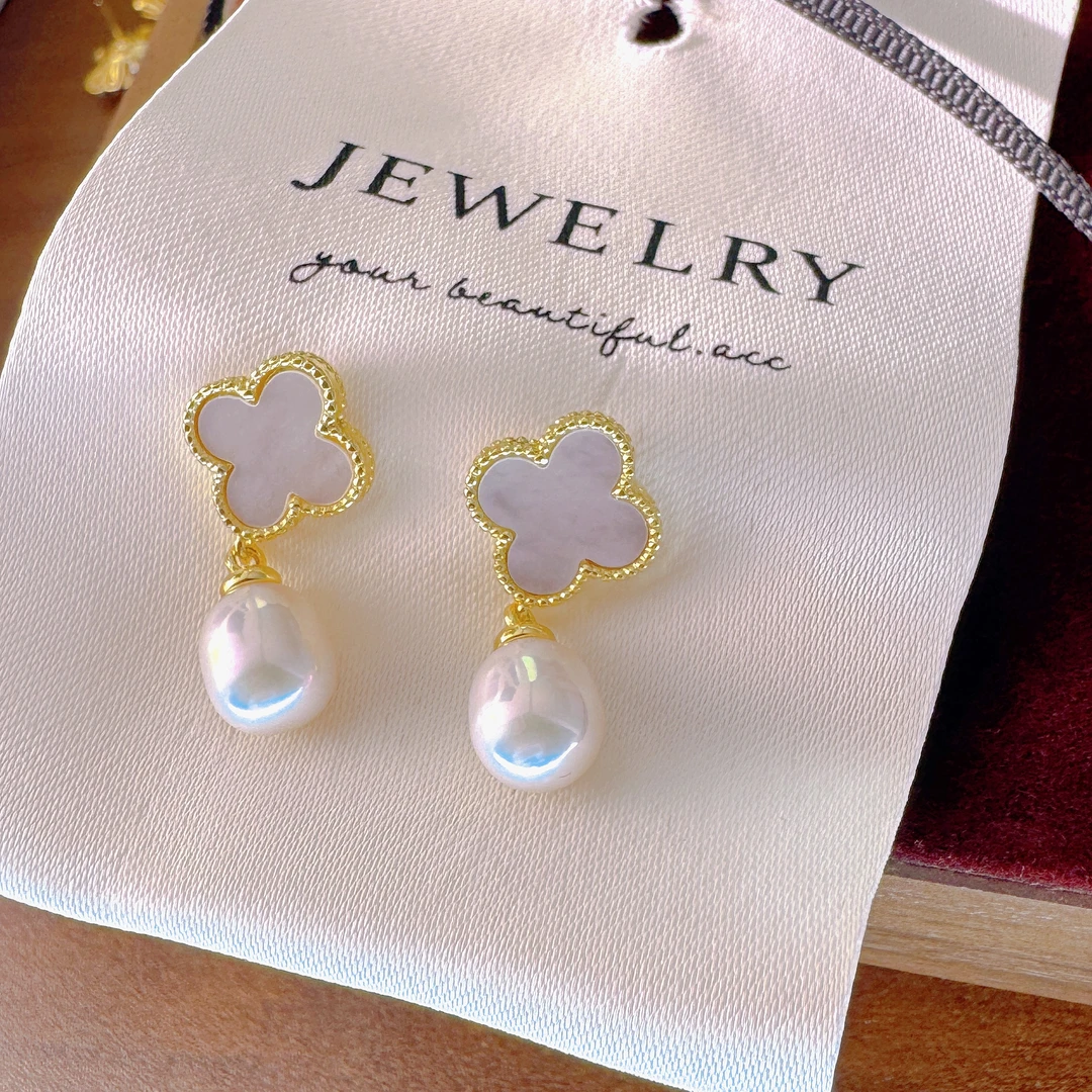 轻奢时尚贝母镶嵌四叶草银针珍珠水水滴型耳钉耳饰【8mm】