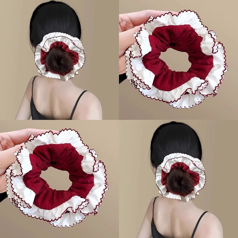 红啦发梢！复古红褶皱大肠发圈撞色荷叶边发绳法式高级感新款发饰