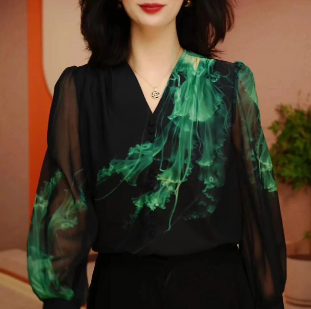 初凰 新款琉璃双皱丝洋气时尚百搭显瘦休闲气质印花女士长袖上衣