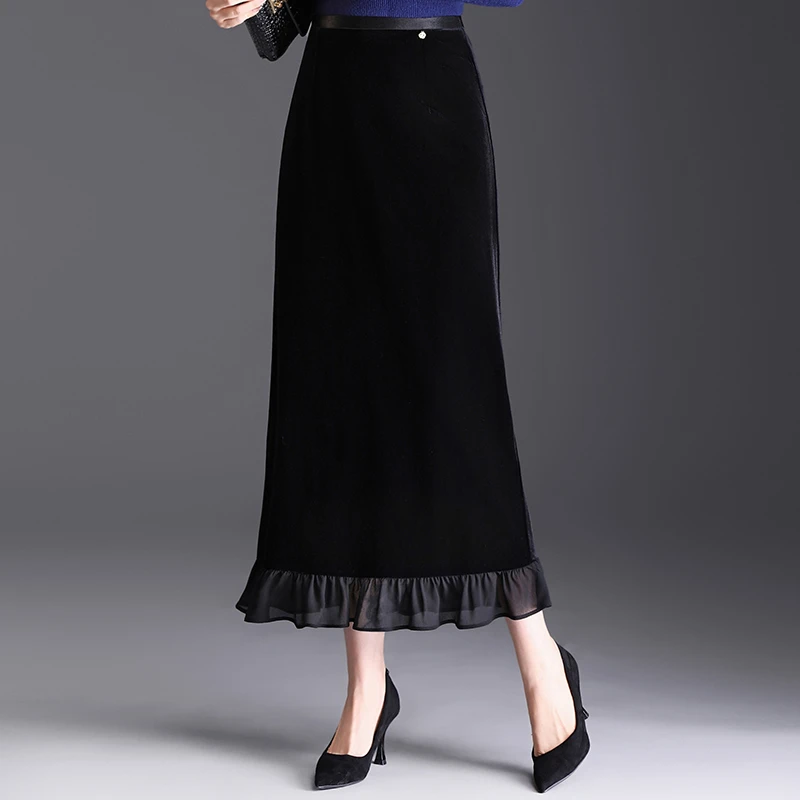 金丝绒黑色长裙一步裙女秋冬2025新款韩版时尚显瘦花边直筒半身裙