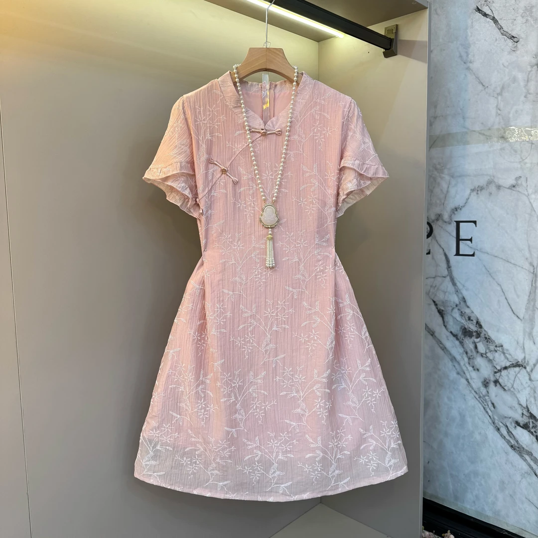 新中式2025盘扣立领设计感花边袖口提花洋气显瘦气质连衣裙58009