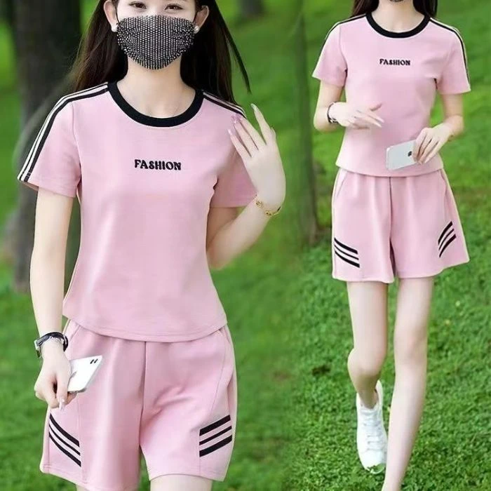 时尚休闲宽松圆领短袖短裤两件套女夏季薄款百搭减龄运动服套装潮
