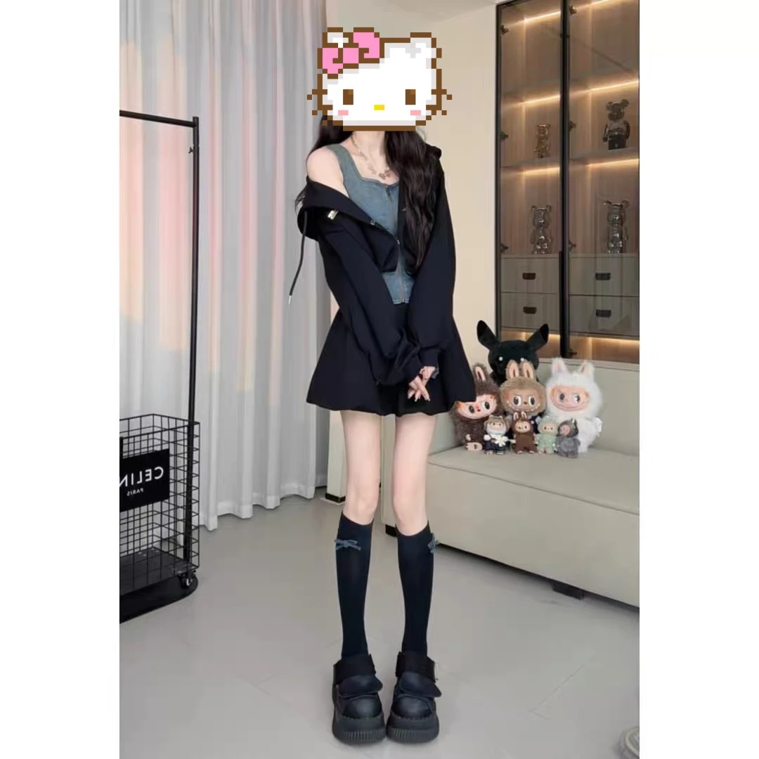 2025秋季新款两件套收腰卫衣拼牛仔裙套装女生韩系ins衣服