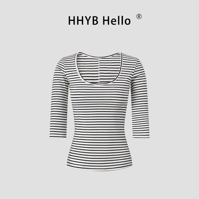 HHYB Hello条纹中袖T恤女2025新款简约修身显瘦七分袖上衣250698
