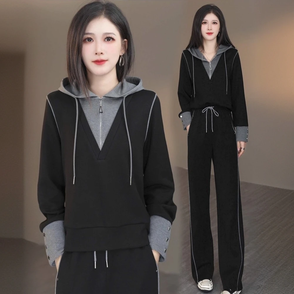 时尚休闲套装女2025秋季新款洋气显瘦假两件长袖阔腿裤运动两件套